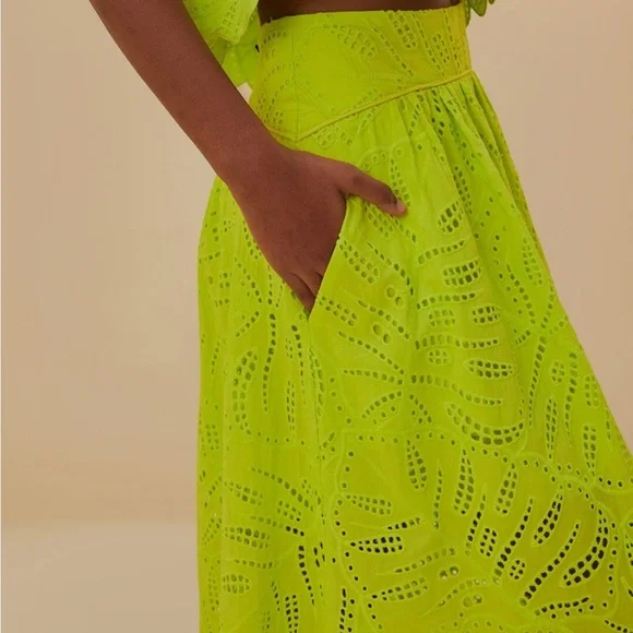 Farm Rio Monstera Eyelet Midi Skirt in Green. Size XXS - Picture 3 of 14